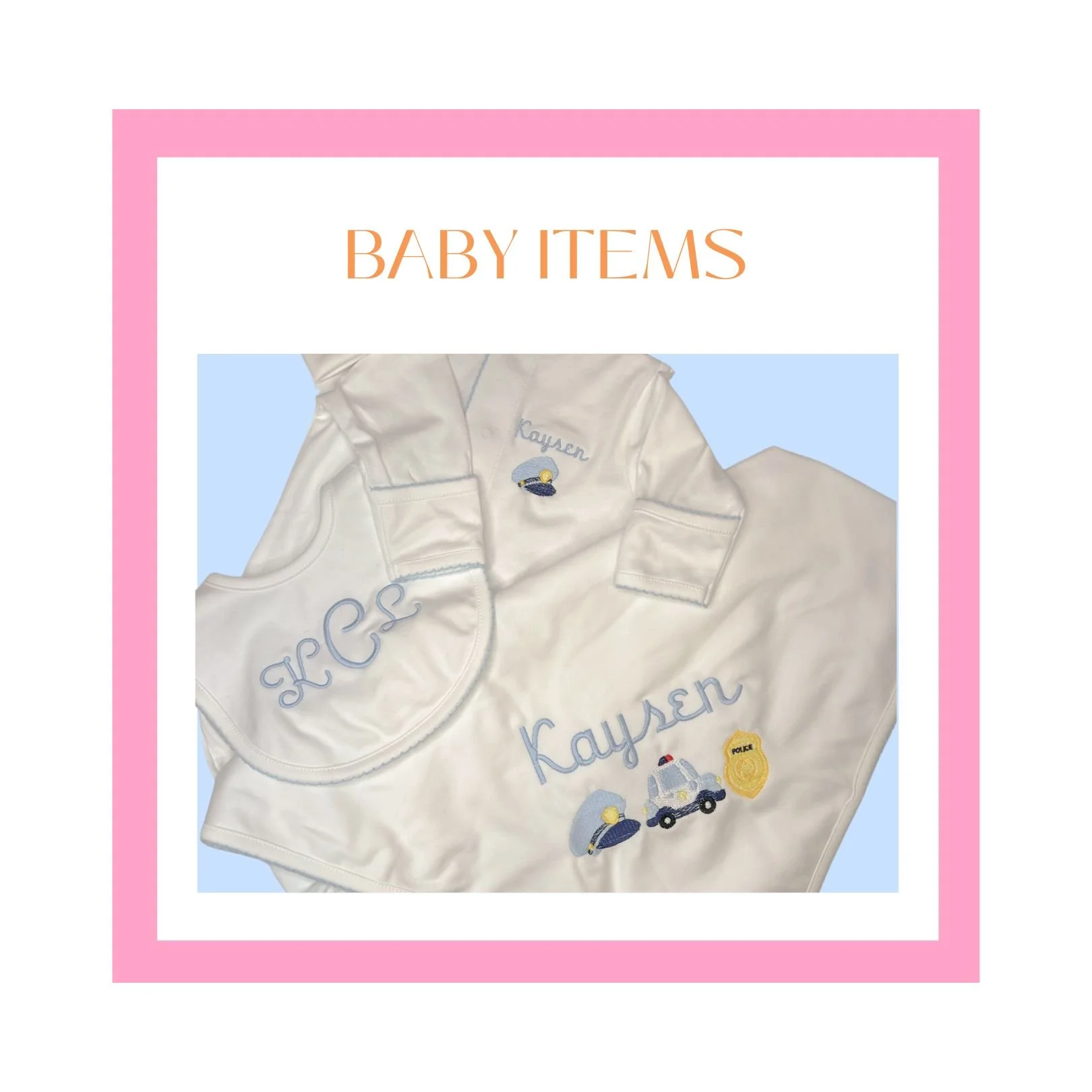 A baby onesie with police car, police badge, and the name 'Kayden' embroidered on it, lying on a blue background with a pink border.