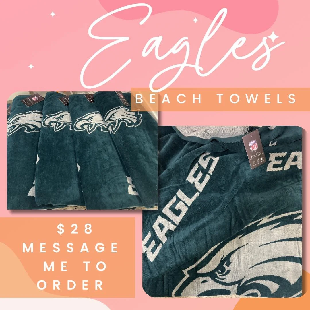 Go Birds&hellip; to the beach! 🦅🏖️

Official NFL Eagles beach towels are here &amp; ready for summer. 38&rdquo; x 72&rdquo; of plush, Philly pride &mdash; perfect for the shore, the pool, or your next tailgate.

💚 $28 | DM to order
✨ Name  or mono