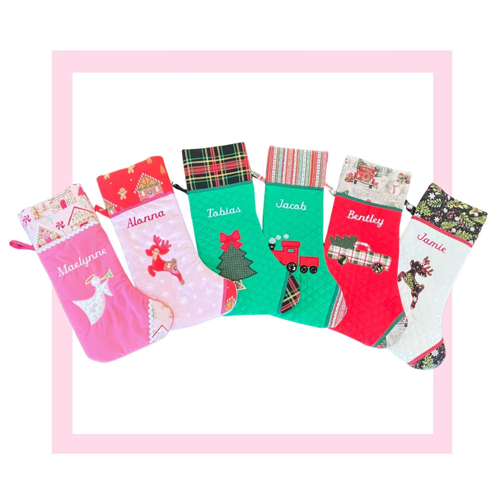 Six Christmas stockings with various festive designs and the names Maelynne, Alonna, Tobias, Jacob, Bentley, and Jamie on each stocking.