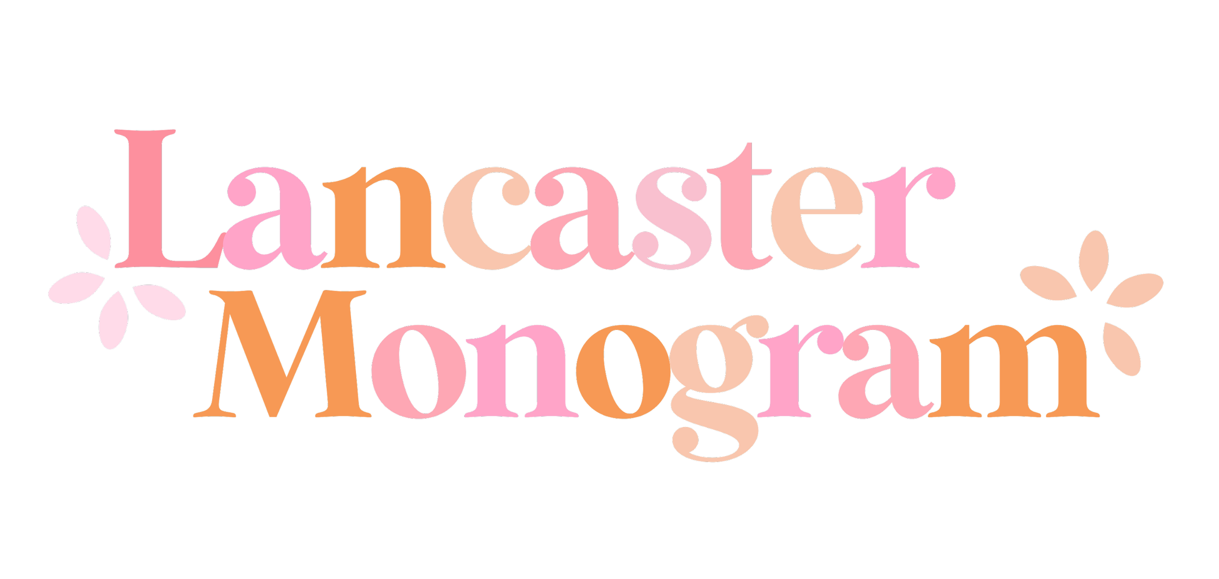 Colorful text saying "Lancaster Monogram" with decorative leaves on a black background.