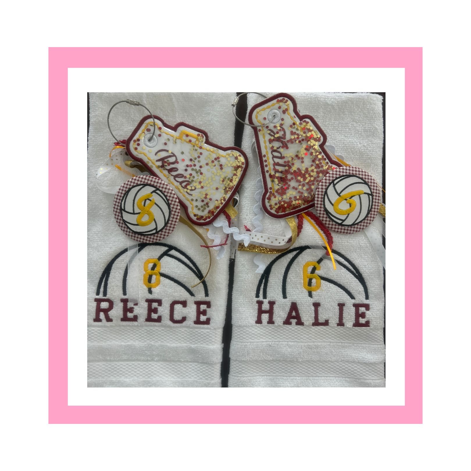 Decorative decorations for a volleyball-themed event, including embroidered towels with the words 'Reece' and 'Halle', and volleyball motifs, displayed on a white surface with a pink border.