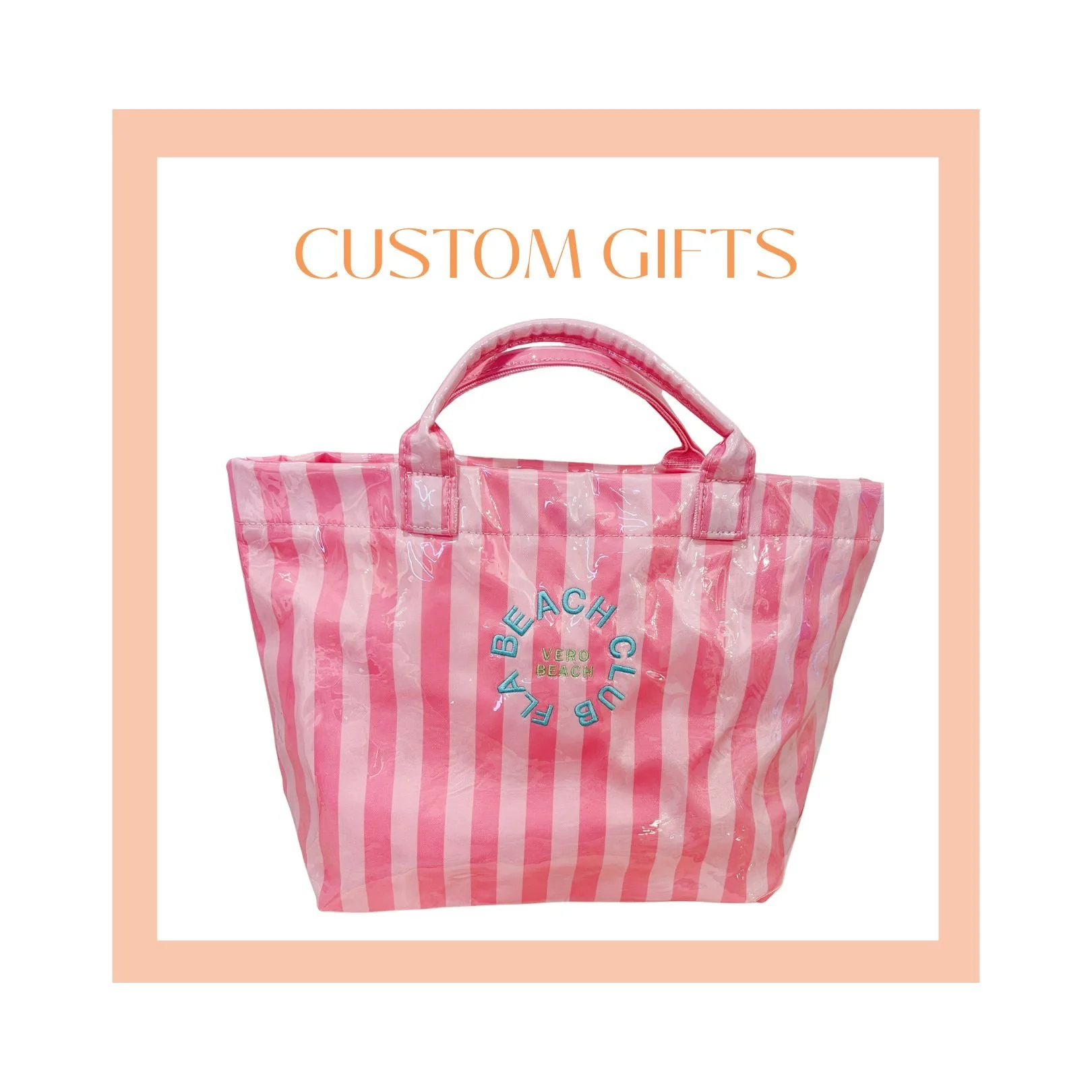 Pink striped tote bag with blue embroidered text saying "Beach Club" and "Vero Beach" on a white background with a peach-colored border.