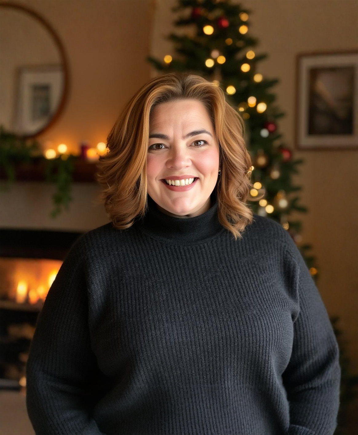A woman with shoulder-length wavy light brown hair and a black turtleneck sweater smiling in front of a decorated Christmas tree with lights, ornaments, and a fireplace with blurred candles in the background.
