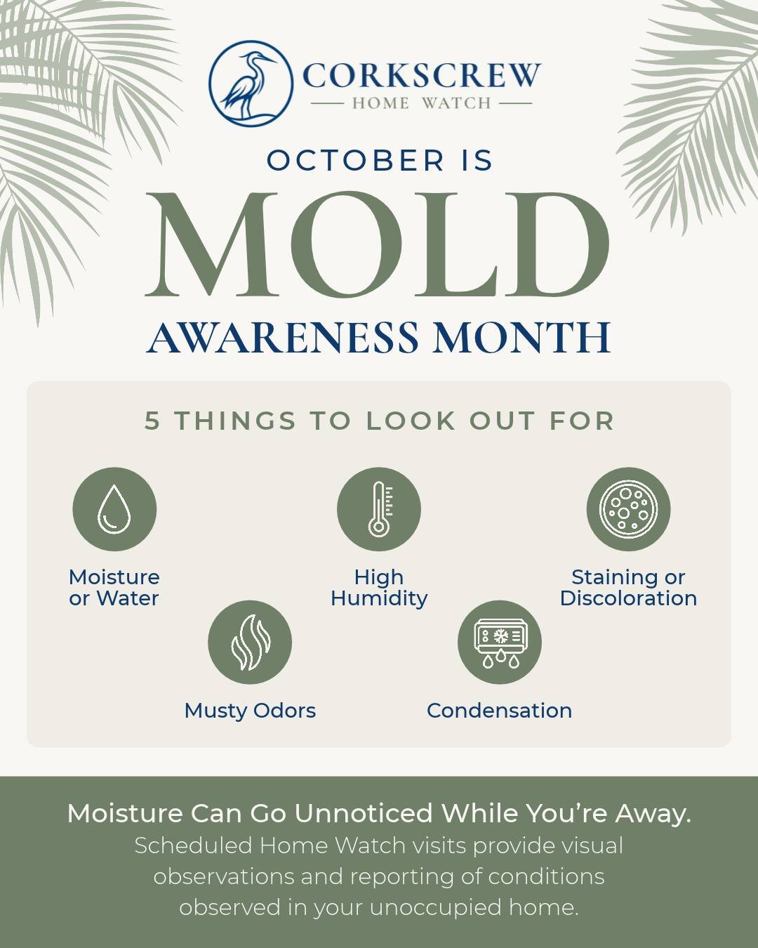 🌿 October is Mold Awareness Month!

Florida&rsquo;s warm, humid climate means moisture is something homeowners should stay aware of&mdash;especially when a home is unoccupied.

A few things worth watching for:

💧 Moisture or water
🌡️ High humidity
