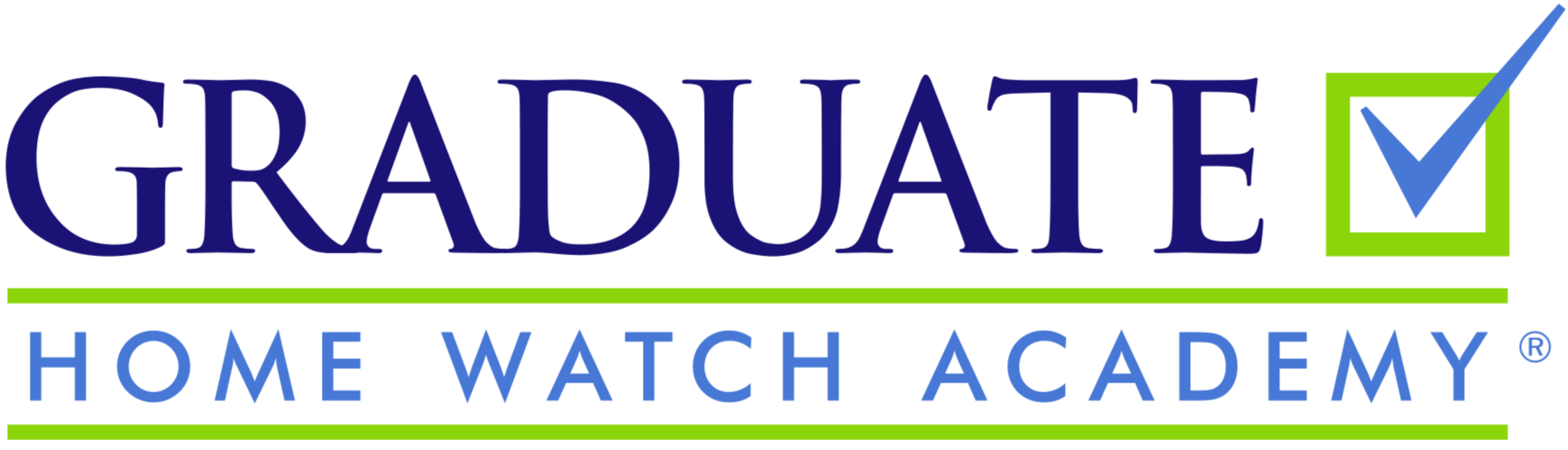 The logo of Graduate Home Watch Academy featuring the words 'GRADUATE' with a checkmark in a green box, and 'HOME WATCH ACADEMY' below, both with green and blue accents.