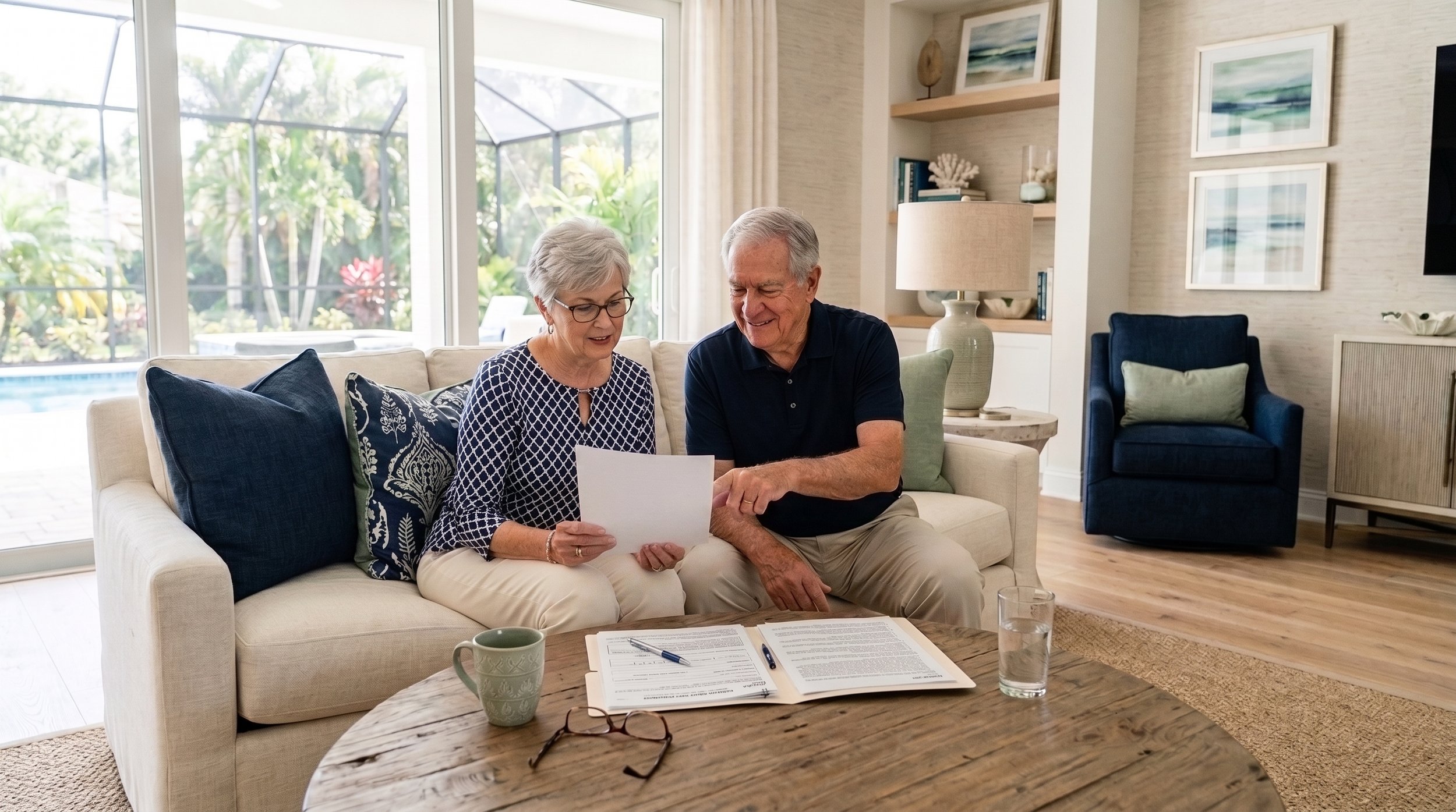 Estero seasonal homeowners reviewing a customized Home Watch service plan for their Southwest Florida residence.