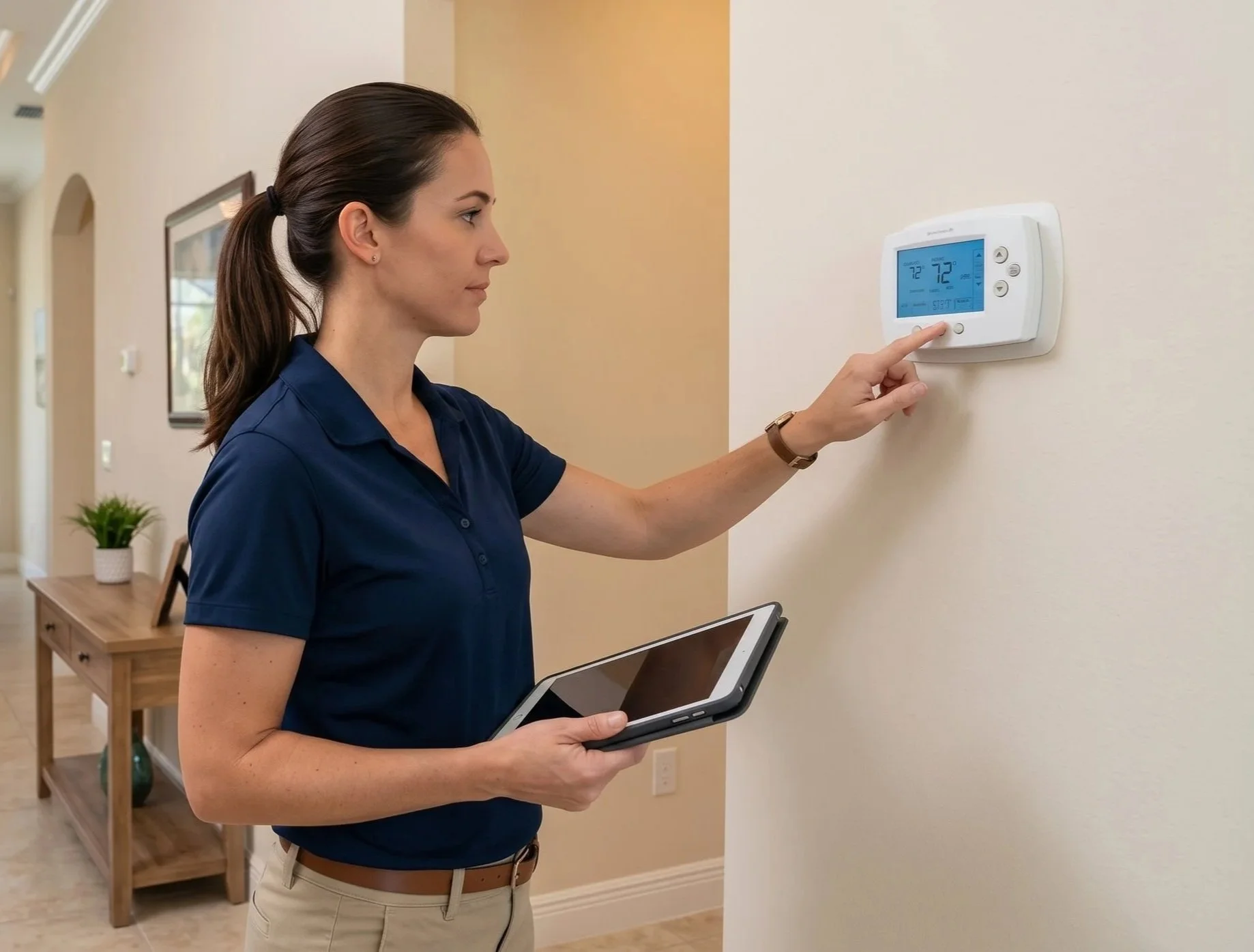 Certified Home Watch Reporter recording thermostat conditions during a scheduled Home Watch visit in an Estero, Florida home.