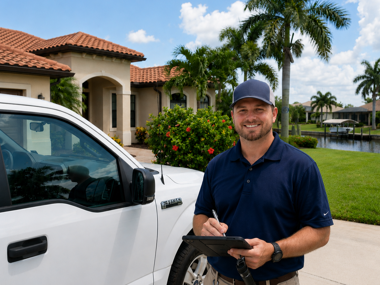 Certified Home Watch Reporter completing an exterior property check at a seasonal home in Estero, Florida.