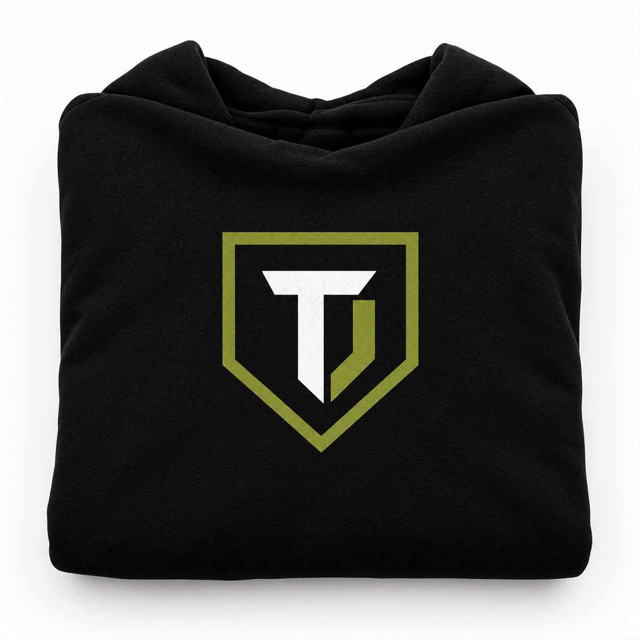 Hoodie noir au blason olive et blanc.png
