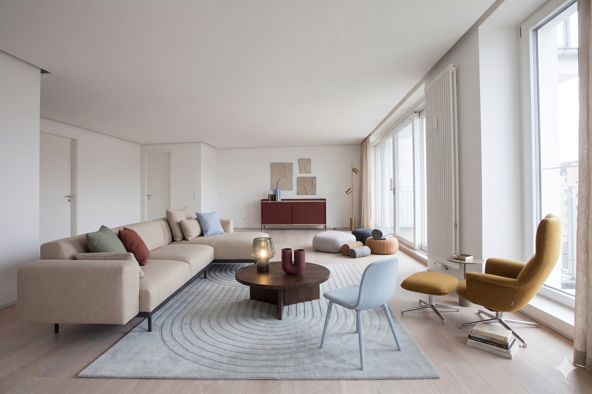 Modern living room with beige sofa, colorful pillows, wooden coffee table with vases, a patterned rug, yellow armchair, sliding glass doors with curtains, white walls with abstract art, and a radiator.