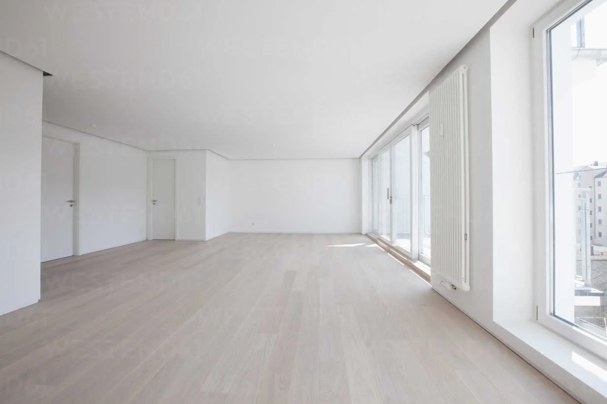 Empty modern living room with white walls, light-colored wood floors, large windows, and a radiator.