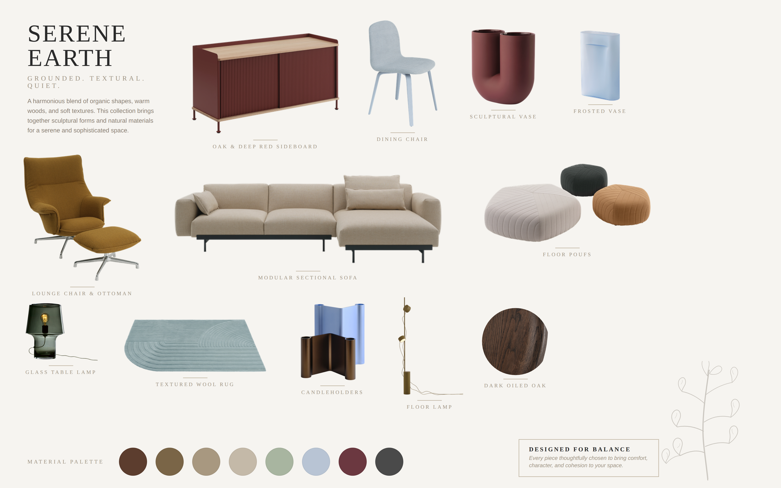 Design catalog page featuring modern furniture and decor items, including a red sideboard, dining chair, sculptural vases, a beige sofa, floor poufs, and various accessories with material palette at the bottom.