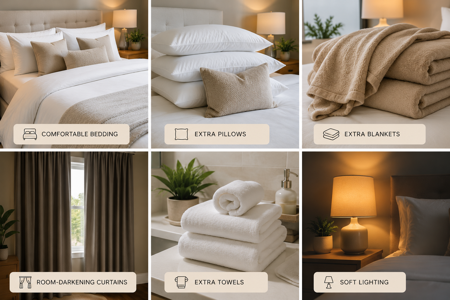 Fresh Linens and Towels, Extra Pillows, Dark Curtains 