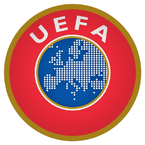 UEFA logo with a blue globe featuring a dotted map of Europe inside a red and gold circular border.