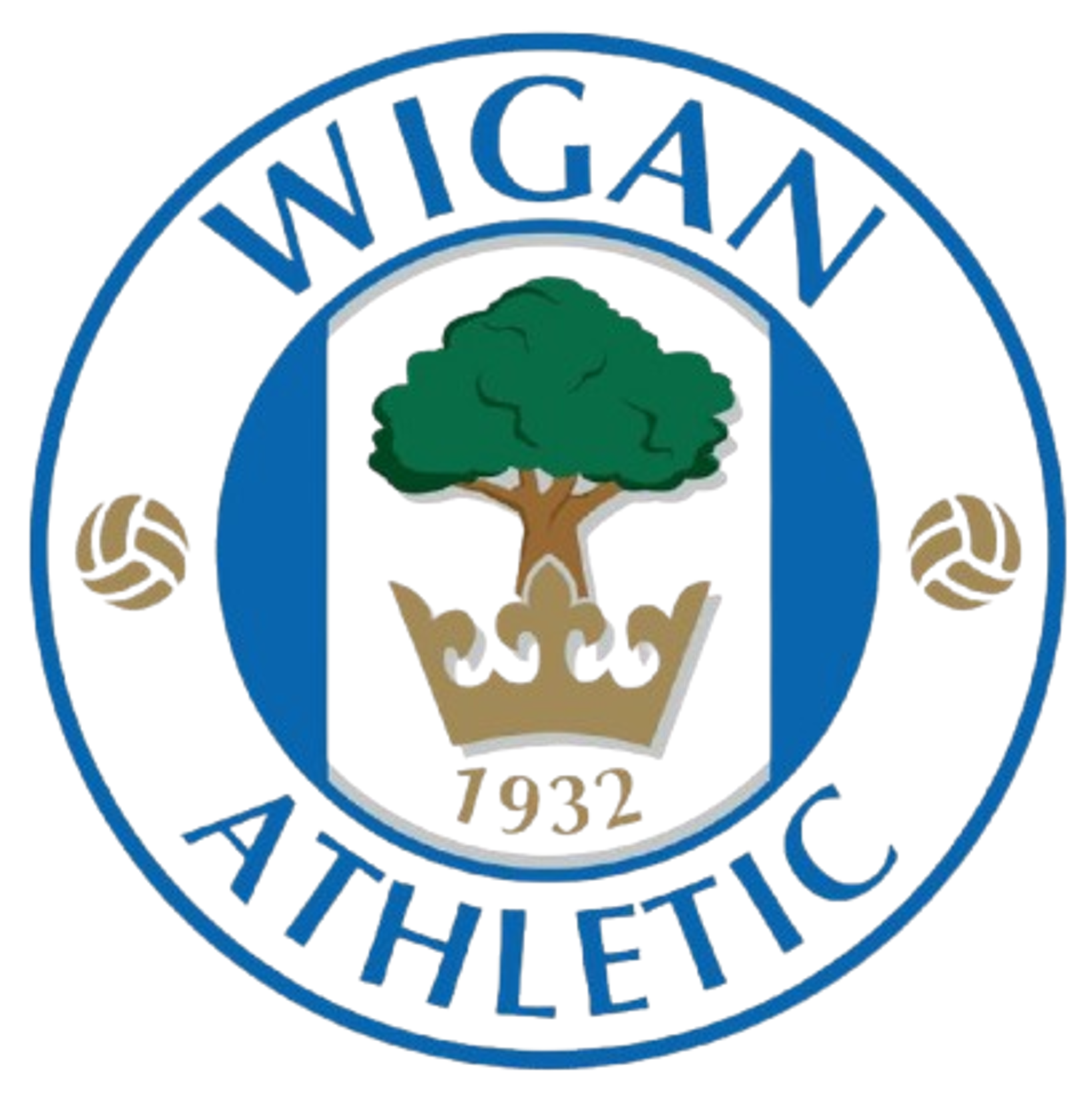 Logo of the Athletic Club of Wigan Athletic FC featuring a green tree, a golden crown, and the year 1932, with blue and white text and symbols.