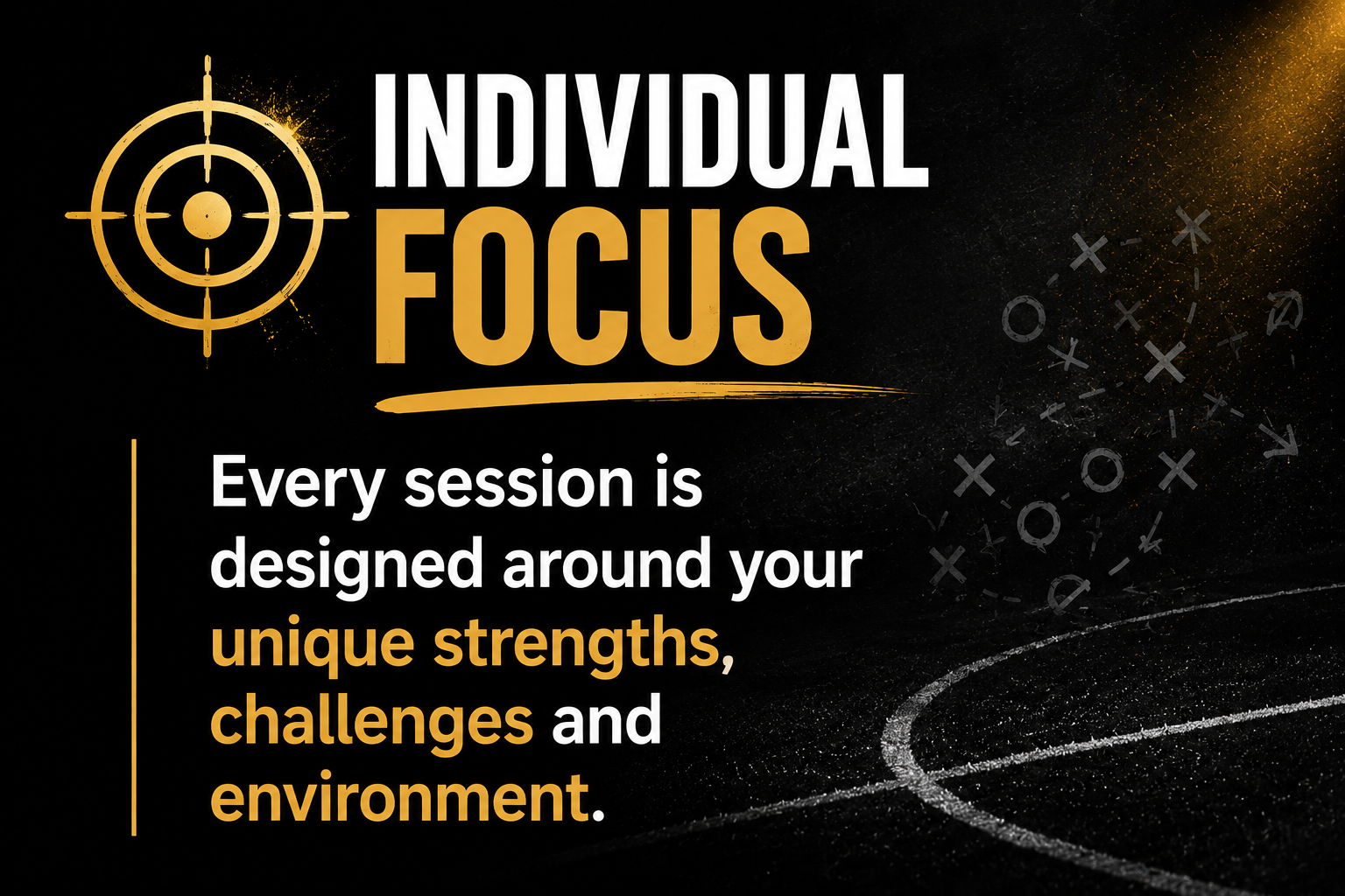 Promotional graphic with a target symbol and the text "Individual Focus" in bold, with additional text about session design around strengths, challenges, and environment.