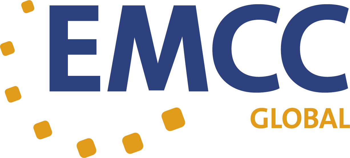 Logo of EMCC Global with blue and gold text and design elements.