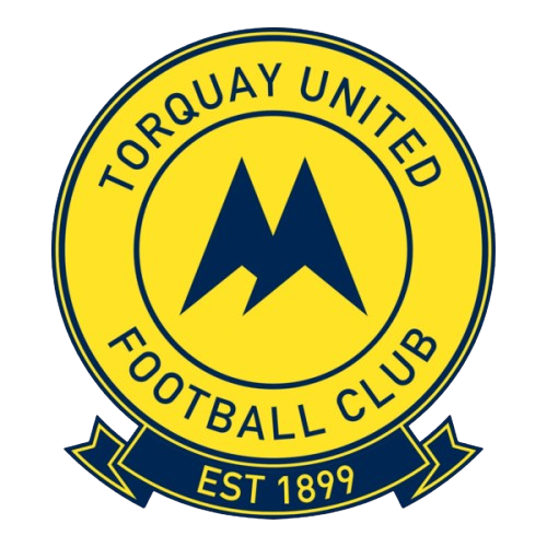 Logo of Torquay United Football Club featuring a yellow circle with black text and a black shield-shaped emblem in the center.