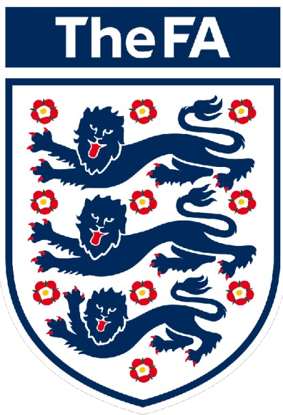 England national football team crest with three blue lions and red roses, and 'The FA' at the top.