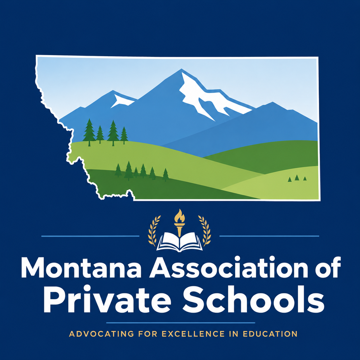 A logo featuring a stylized illustration of mountains, trees, and rolling green hills within the outline of Montana, with the text "Montana Association of Private Schools" and the tagline "Advocating for Excellence in Education."
