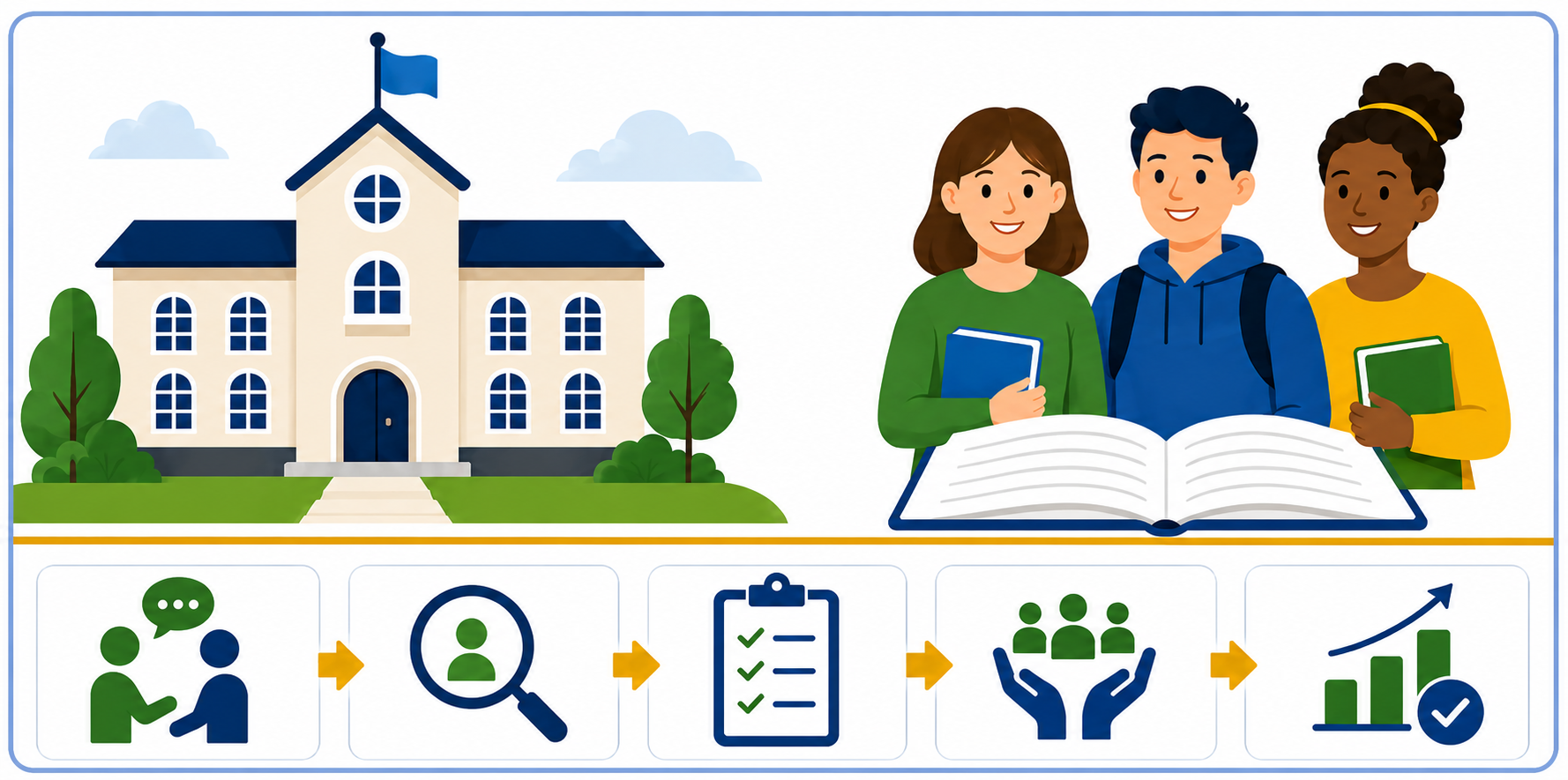 Illustration of a school building and three students holding books, standing around an open book. Below are icons representing communication, research, checklists, teamwork, and growth.