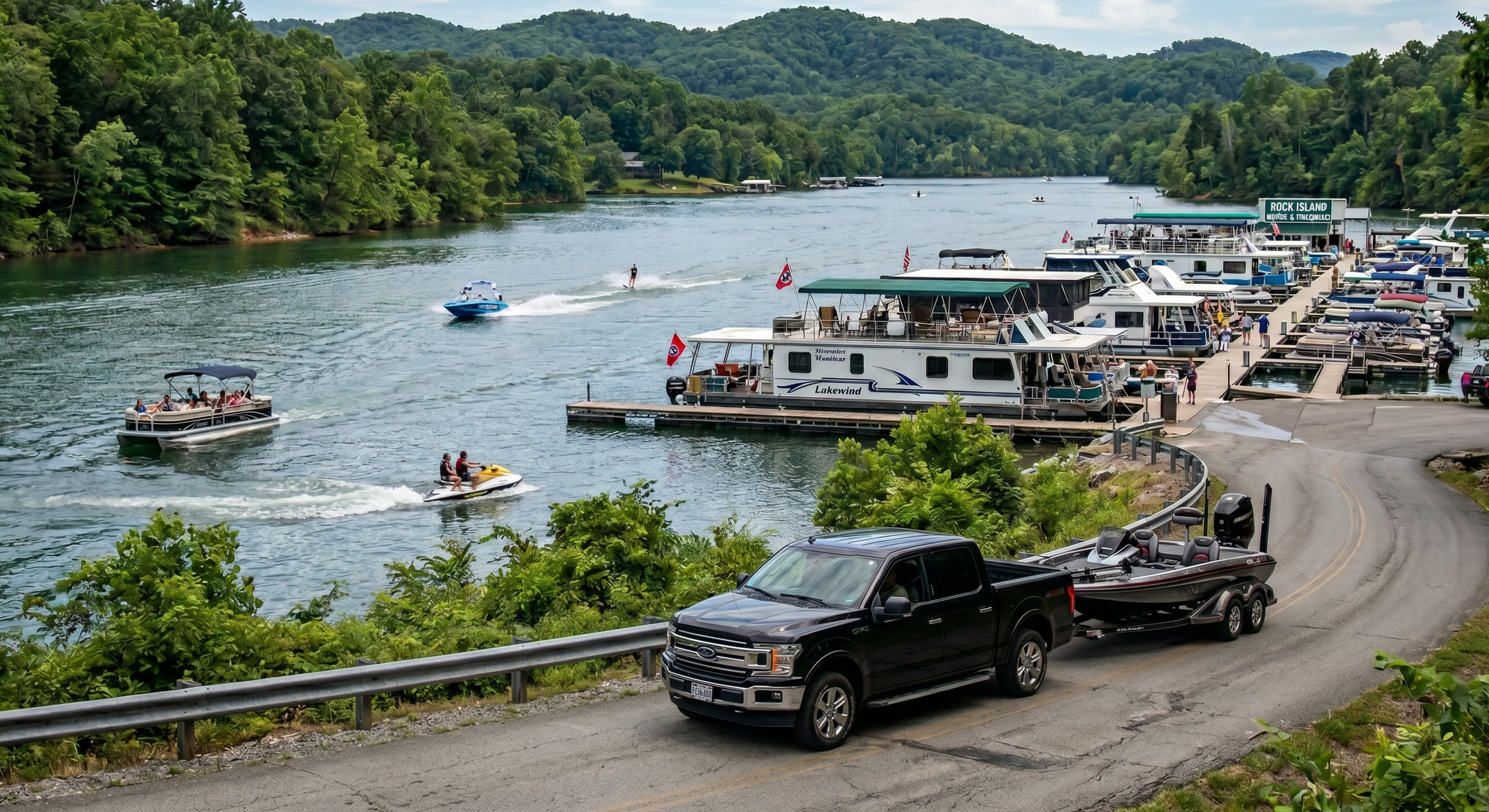 Boats and jet skis on a lake with lush green trees on the shoreline and a boat dock in the background, with cars parked on a winding road in the foreground.