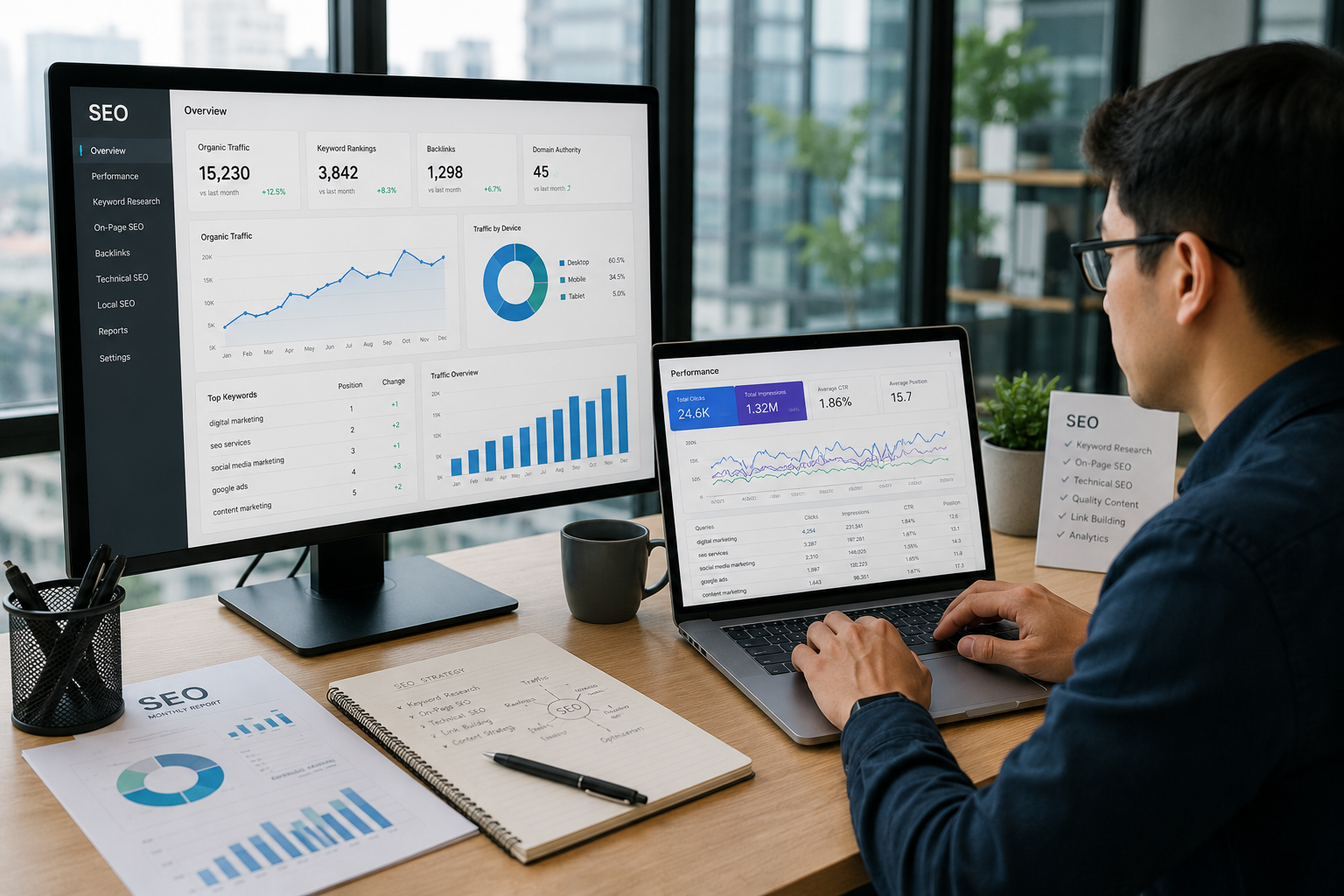 SEO optimization strategy showing keyword rankings, organic traffic growth and website analytics for improved search engine performance.