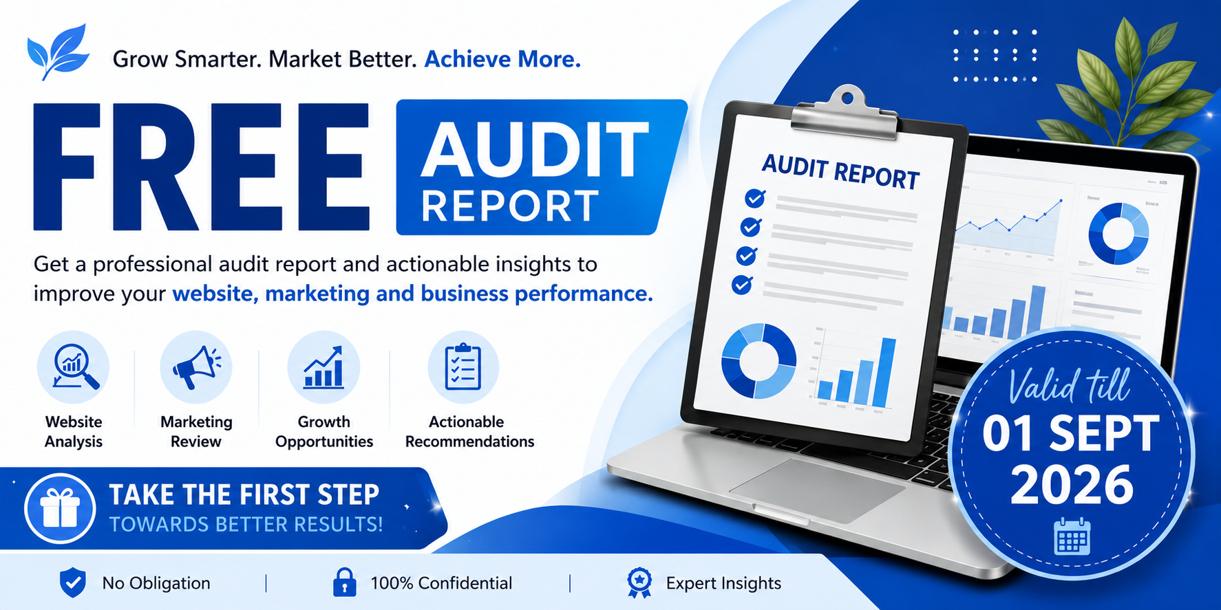 Free Digital Marketing Audit Report with website analysis, marketing review, growth opportunities, and actionable recommendations. Valid until 01 September 2026.