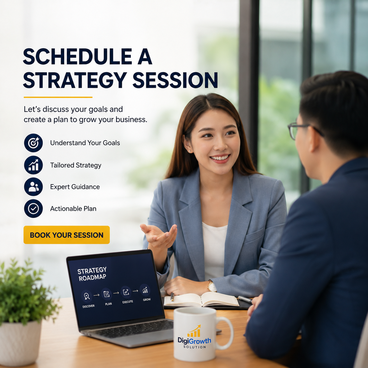 A promotional image for scheduling strategy sessions featuring a woman and a man in a business meeting, with text outlining benefits such as goal understanding, tailored strategy, expert guidance, and actionable plans, and a call-to-action button to book a session.