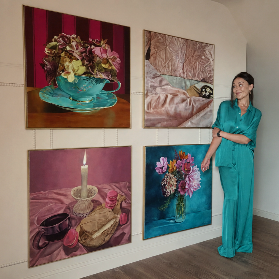 A woman in teal pajamas standing next to four paintings on a wall, featuring a floral tea set, a person reclining on a bed, a lit candle with pink macarons, and a bouquet of flowers in a vase.