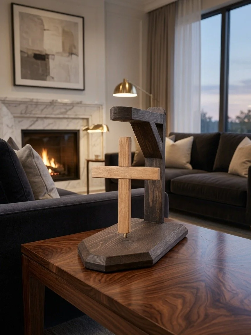 A wooden floating cross sculpture on a wooden table in a living room with a fireplace and large window.