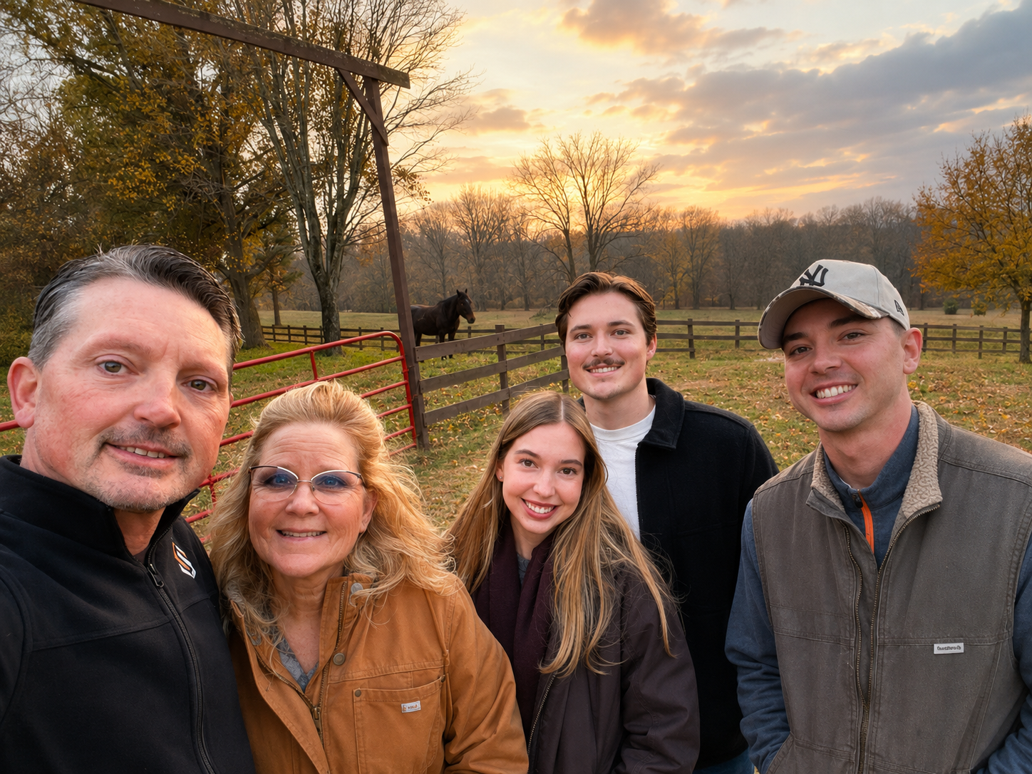 Group of five people taking a selfie outdoors in a farm setting during sunset, with trees and a horse behind a wooden fence in the background.