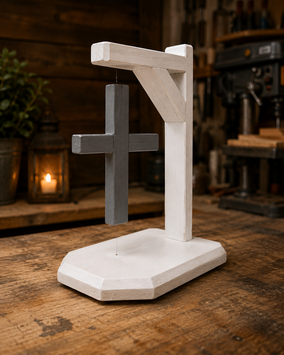 Handcrafted floating wooden cross on a wood base by The Memory Barn.