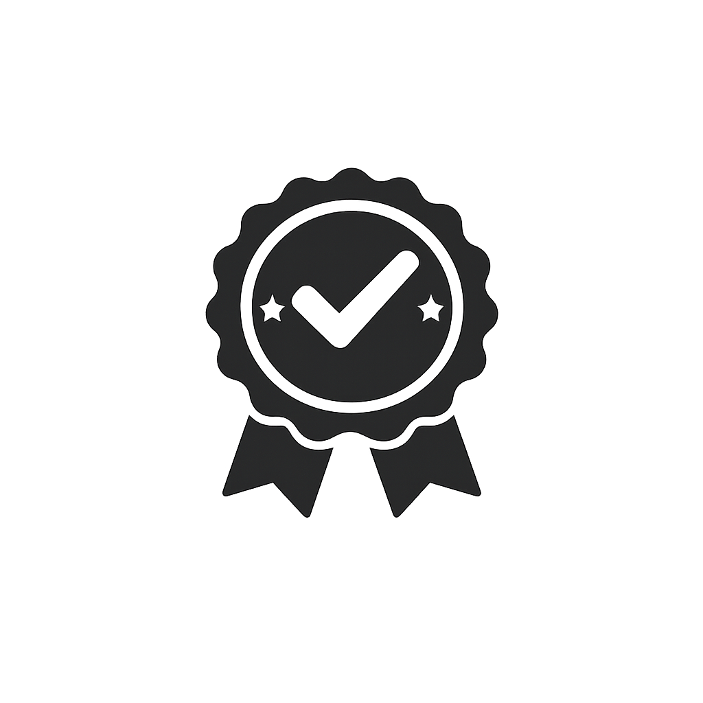 Black badge with a check mark in the center and ribbons hanging from bottom.