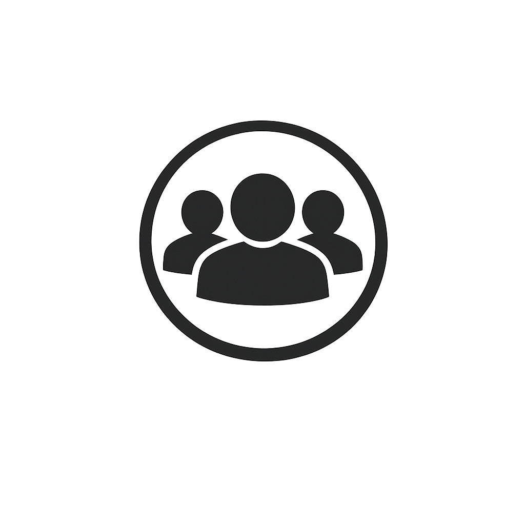 Icon of three people inside a circle, representing a group or community.