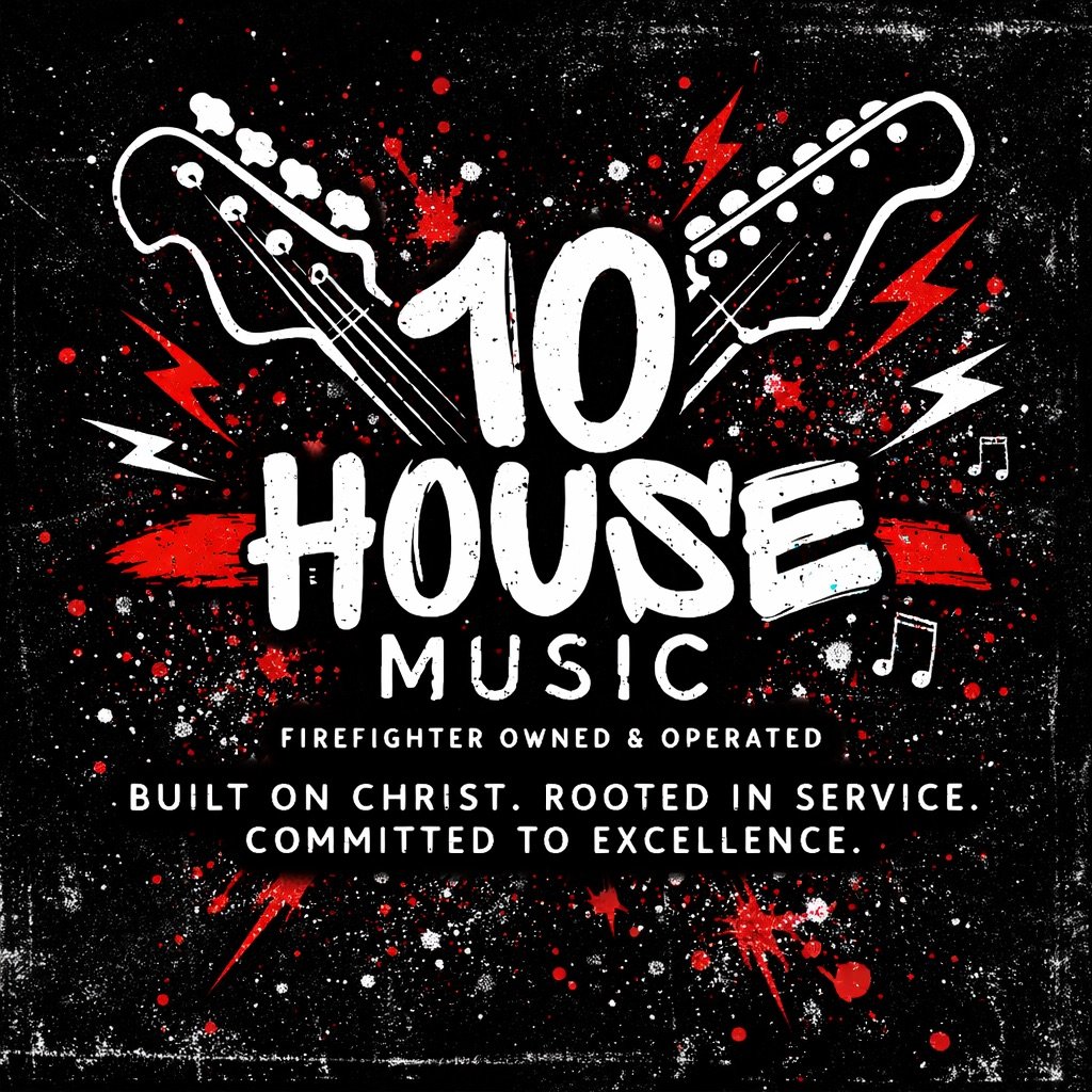 Graphic design for 10 House Music, featuring stylized electric guitar heads, red and white lightning bolts, and musical notes on a black background with red and white splatters, promoting firefighter owned and operated music business.