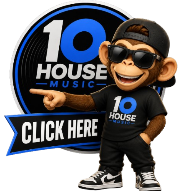 A cheerful animated monkey mascot wearing sunglasses, a black cap backwards, a black T-shirt with the logo '10 House Music', black pants, and Nike sneakers, pointing to a sign that says 'Click Here' with a circular logo in the background promoting '10 House Music.'