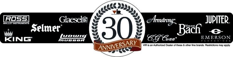Banner celebrating 30th anniversary featuring logos of various musical instrument brands like ROSS, Glaser, Selmer, KING, Louwing Musser, Armstrong, Vincent Bach, Jupiter, E.E. Conn, Emerson, and others, with a central emblem showing the number 30 and a bronze ribbon labeled 'ANNIVERSARY'.