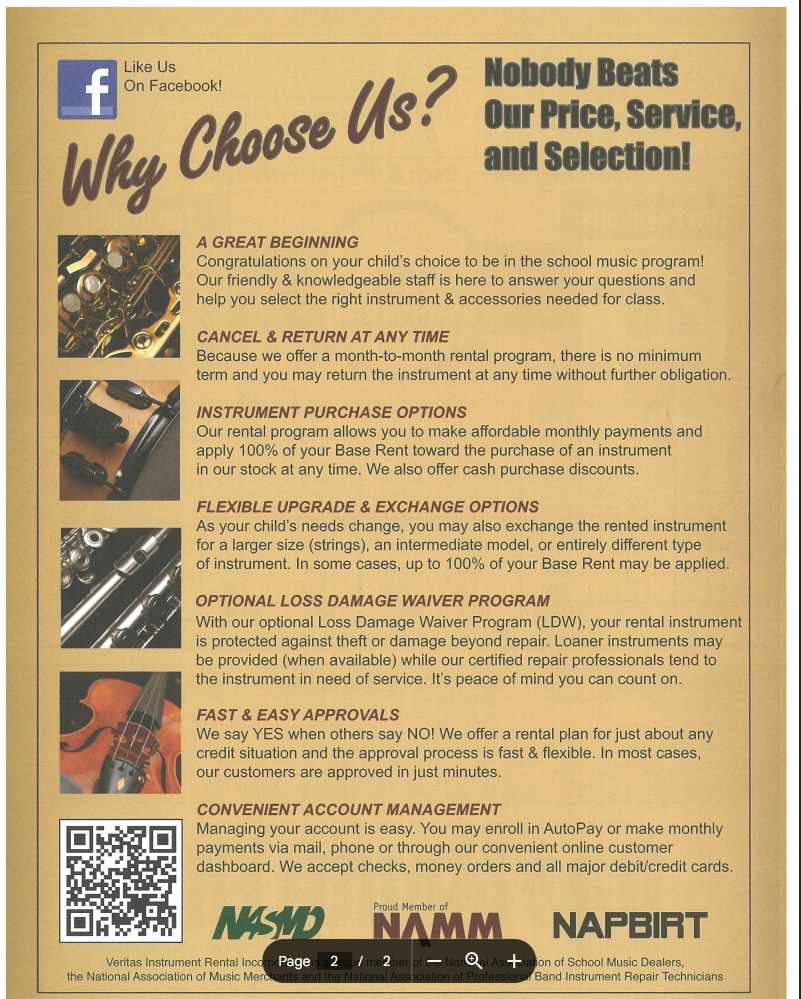 A flyer promoting instrument rental services, highlighting benefits like flexible exchange options, optional damage waiver program, and convenient account management, with a QR code at the bottom left.