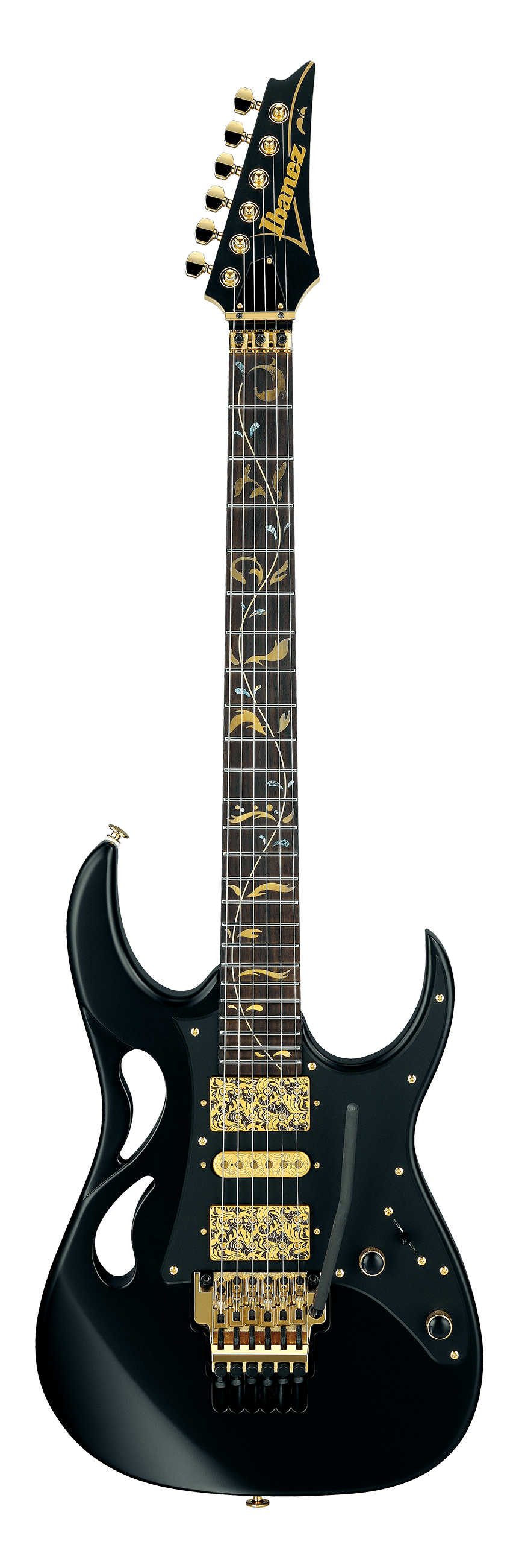 Black electric guitar with gold decorative patterns on pickups and headstock, featuring a double-cutaway body, ornate fretboard inlays, and gold hardware.