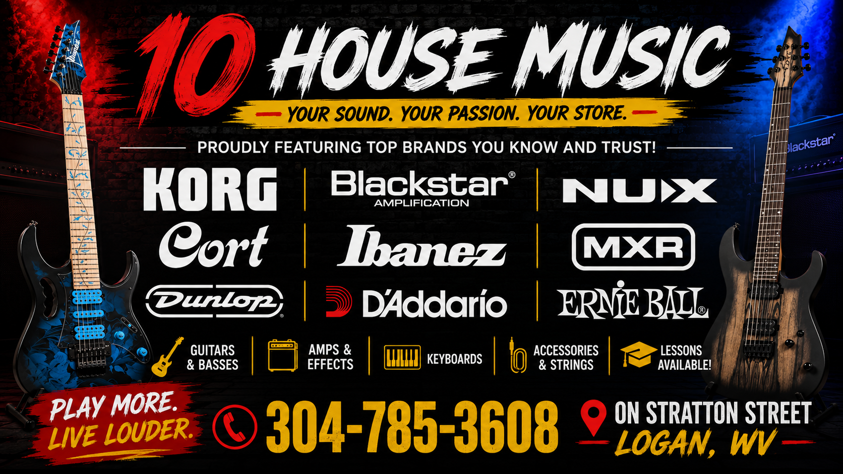Advertisement for a musical instrument store on Stratton Street in Logan, West Virginia, featuring electric guitars, amplifier brands, and contact information.