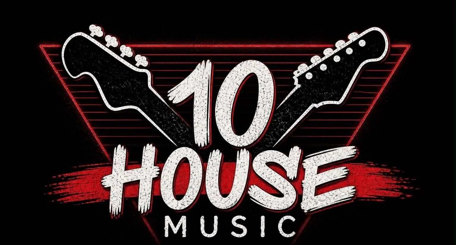 Neon sign reading '10 House Music' with two electric guitars outlined in white, a red horizontal stripe, and a red triangle in the background.