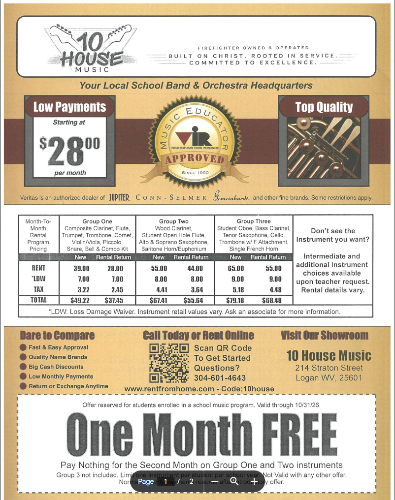 Advertisement for 10 House Music, featuring local school band and orchestra rentals with pricing, options, and contact details, including a QR code and showroom address.