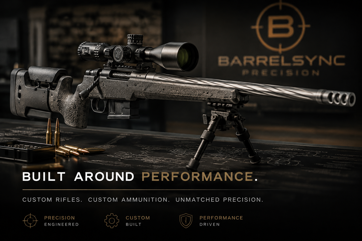 A custom precision rifle with a scope, resting on a shooting mat, with gold cartridges and rounds in front, and a background featuring the BarrelSync Precision logo and tagline.