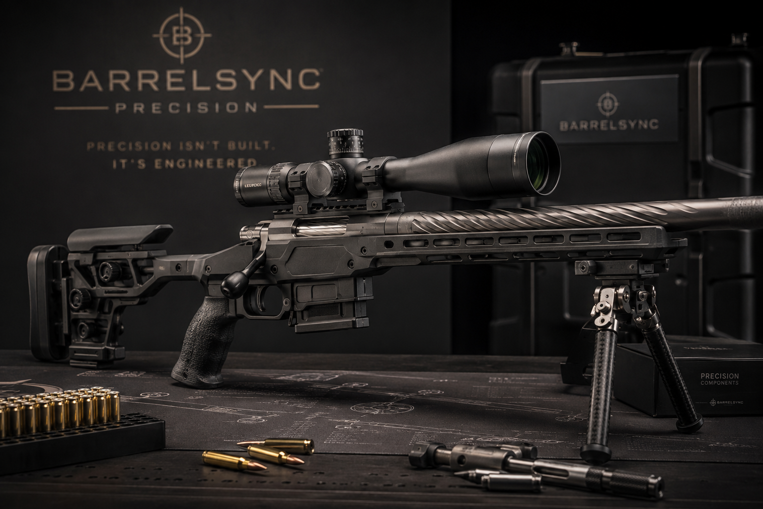 A precision rifle with a large scope, bipod, and compatible components on display in a dark showroom with BARRELSYNC branding. Custom Rifle Build. Dream Rifle.
