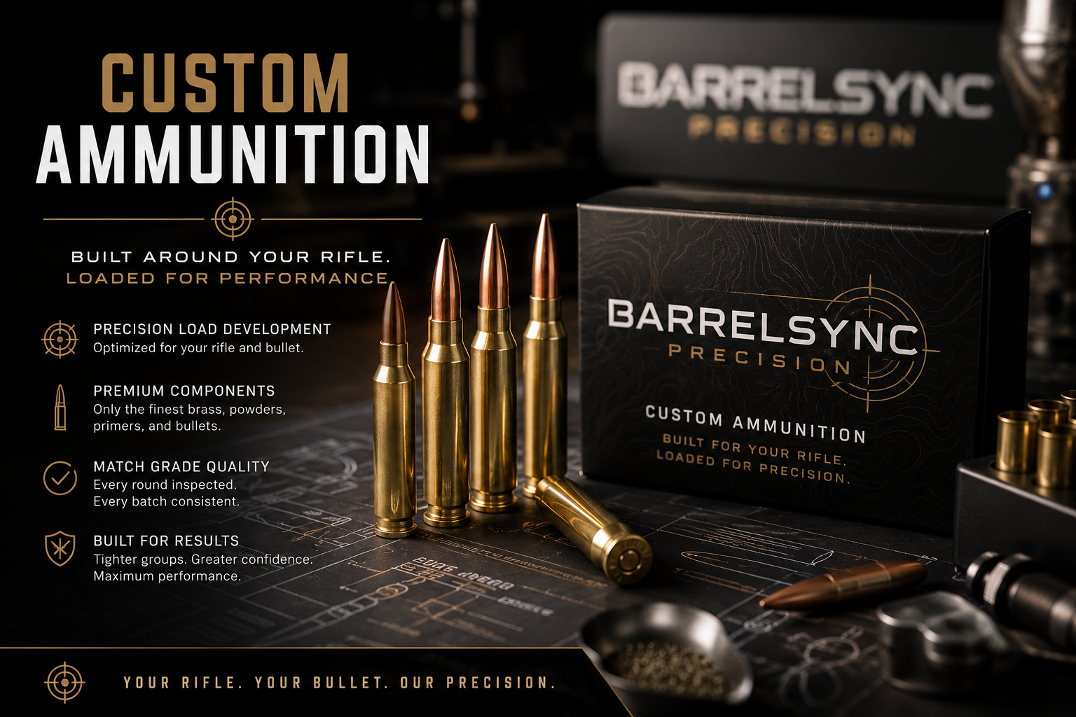 Display of custom ammunition bullets and packaging for BarrelSync Precision, featuring bullet technical specifications and a target crosshair logo. Custom Ammo. Custom Ammunition. Load Development.