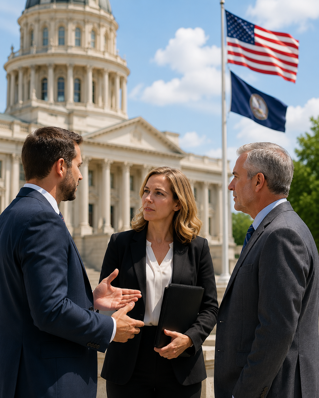 Three people in business attire having a discussion outside the Capitol building in Washington, D.C., with American flags flying in the background.