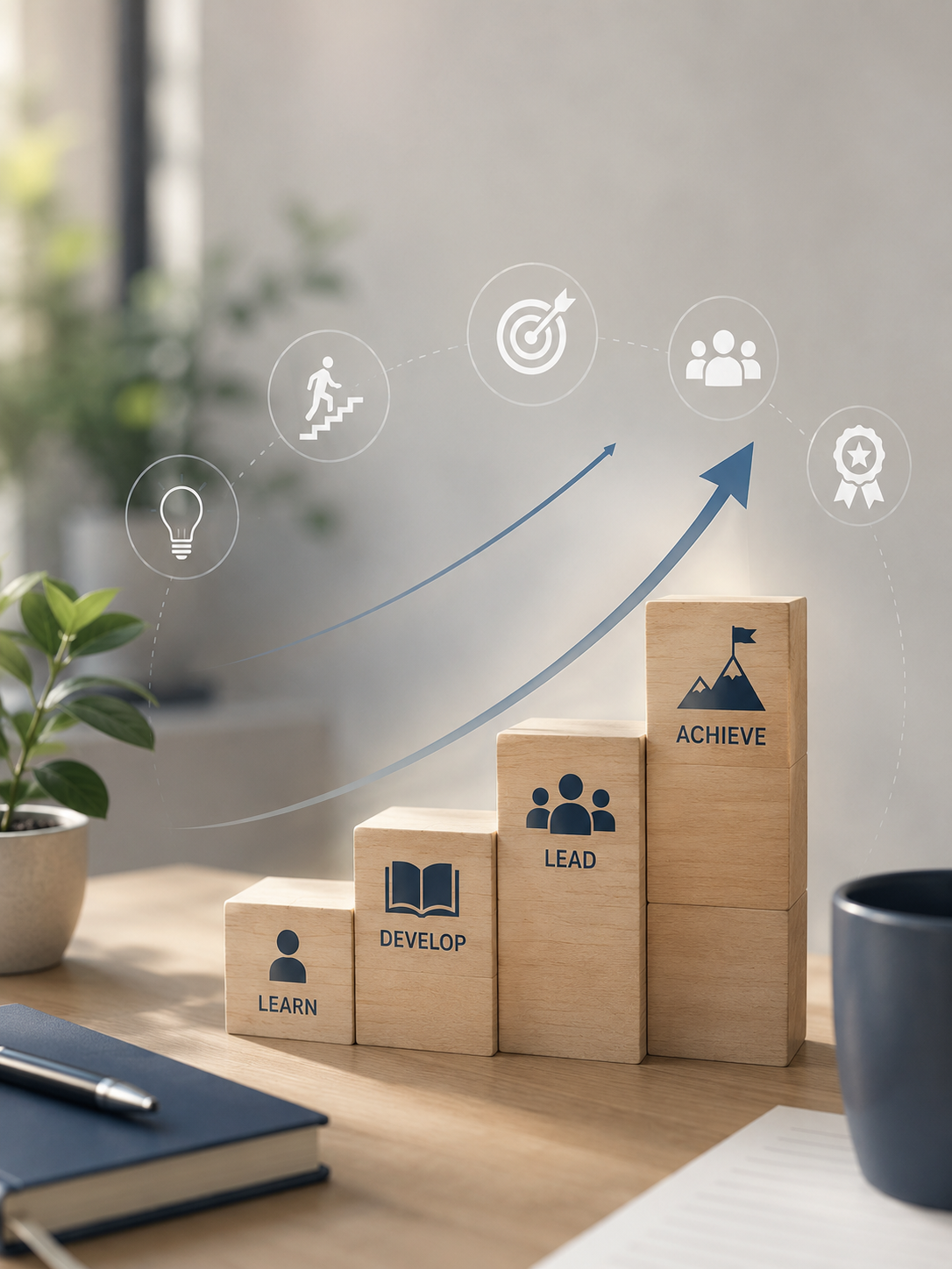 Wooden blocks on a desk showing steps to achieve success: learn, develop, lead, and achieve, with an upward arrow and icons representing ideas, progress, goals, teamwork, and awards.