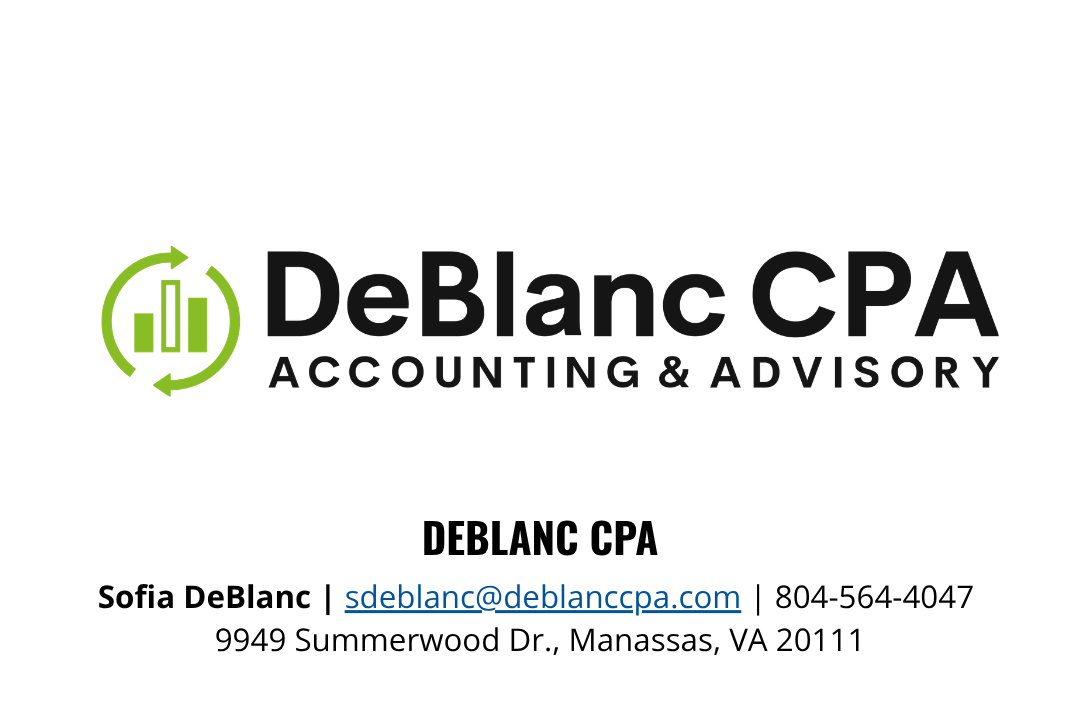 Business card for DeBlanc CPA with logo, contact information, and address.