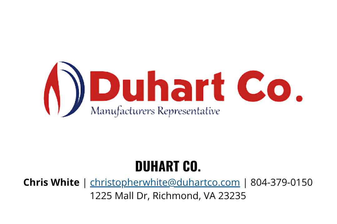 Business card for Duhart Co. with logo, contact info, and name Chris White.
